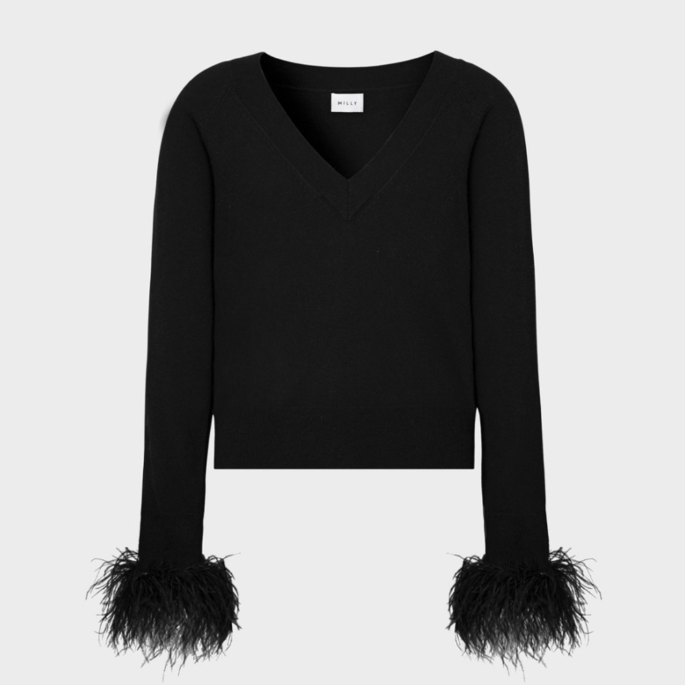 Milly V-Neck Sweater with Feather Cuffs - Black, NWT! Size Small
